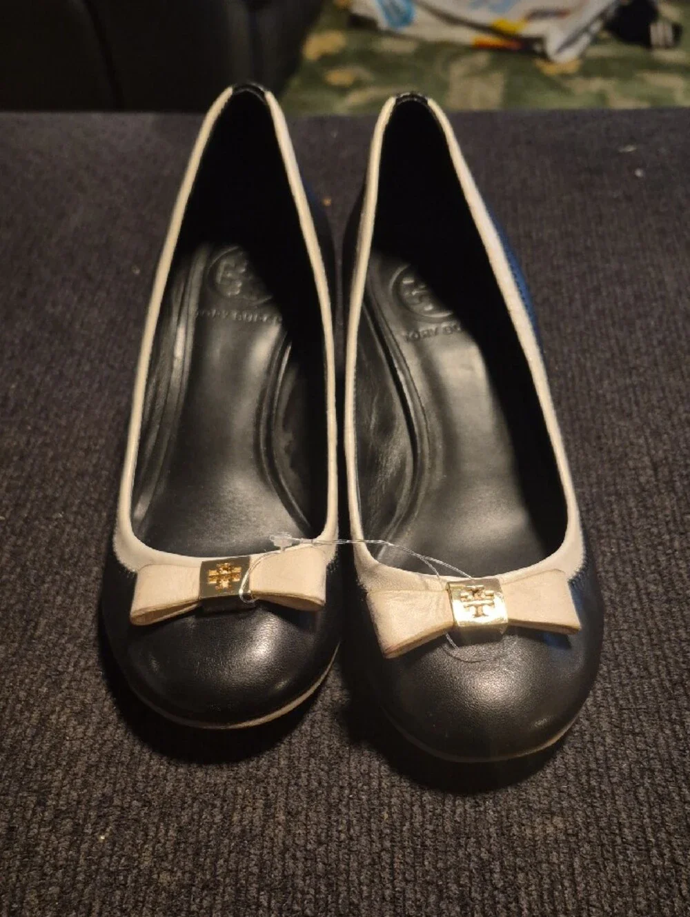Tory Burch Black Wedge Pumps with Cream Trim and Bow Accent